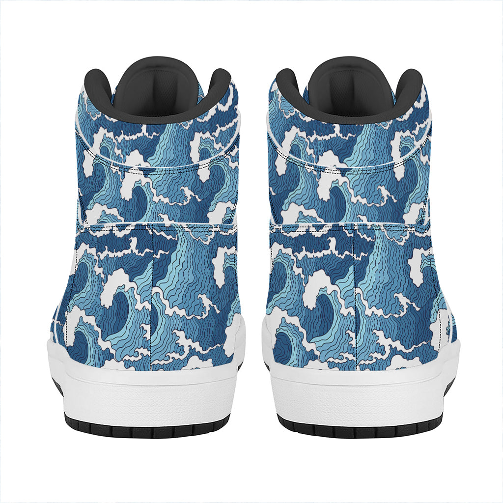 Blue Japanese Wave Pattern Print High Top Leather Sneakers