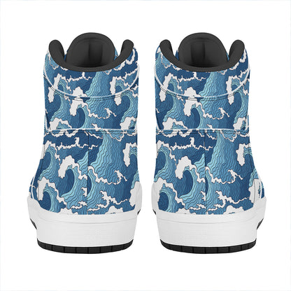 Blue Japanese Wave Pattern Print High Top Leather Sneakers