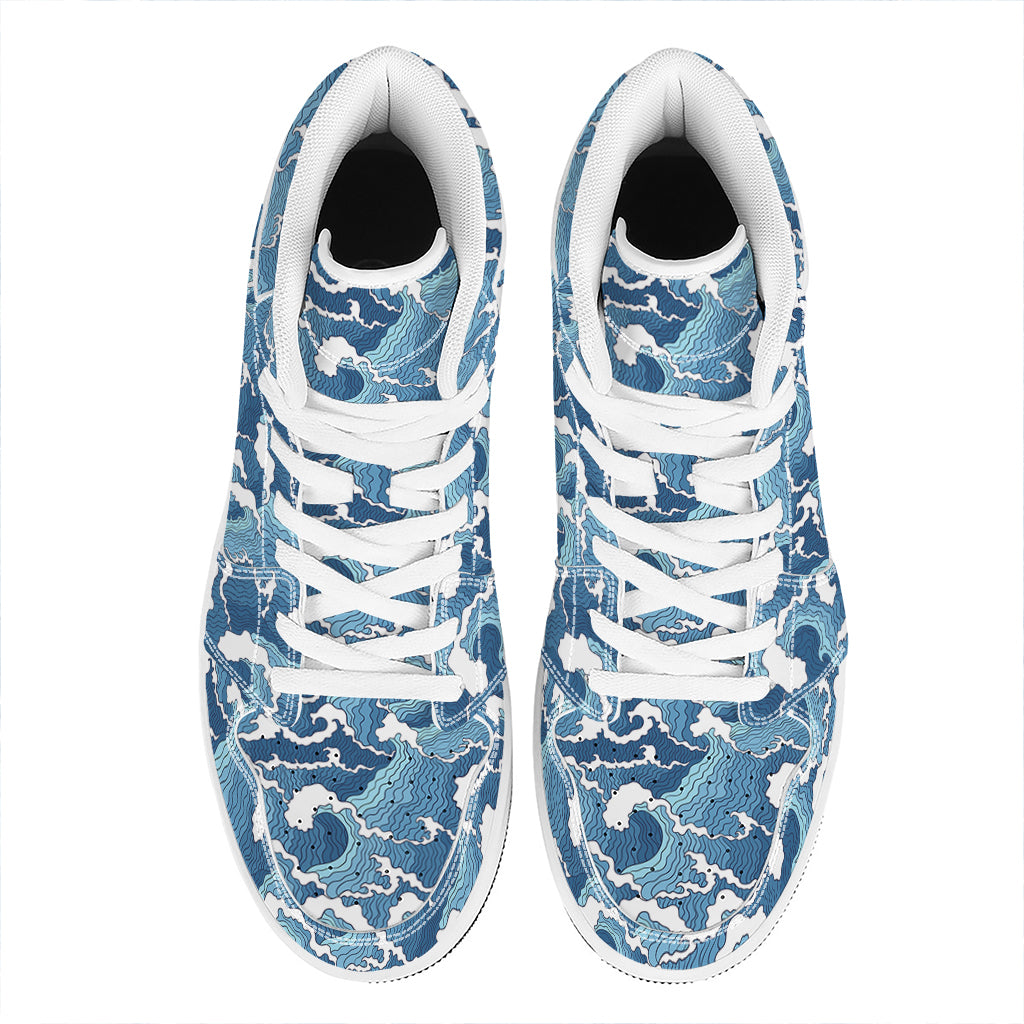 Blue Japanese Wave Pattern Print High Top Leather Sneakers