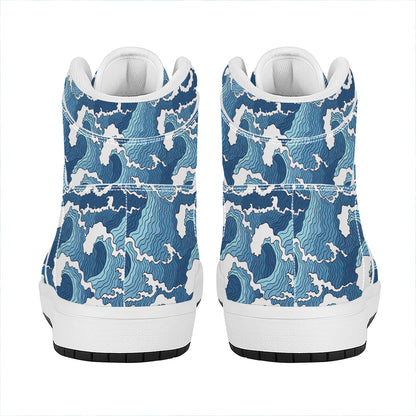 Blue Japanese Wave Pattern Print High Top Leather Sneakers