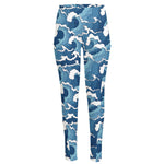 Blue Japanese Wave Pattern Print High-Waisted Pocket Leggings