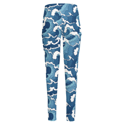 Blue Japanese Wave Pattern Print High-Waisted Pocket Leggings
