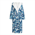 Blue Japanese Wave Pattern Print Hooded Bathrobe