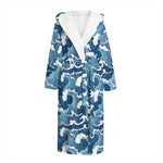 Blue Japanese Wave Pattern Print Hooded Bathrobe
