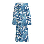 Blue Japanese Wave Pattern Print Hooded Bathrobe