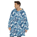 Blue Japanese Wave Pattern Print Hoodie Blanket