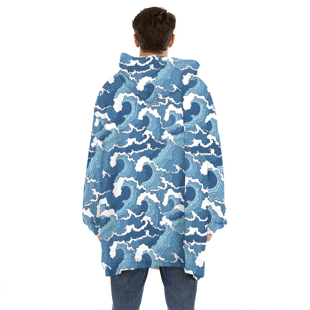 Blue Japanese Wave Pattern Print Hoodie Blanket