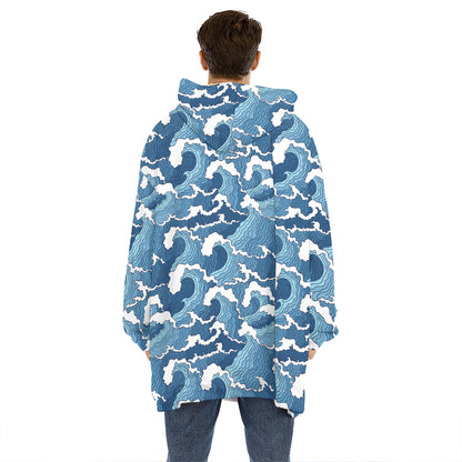 Blue Japanese Wave Pattern Print Hoodie Blanket