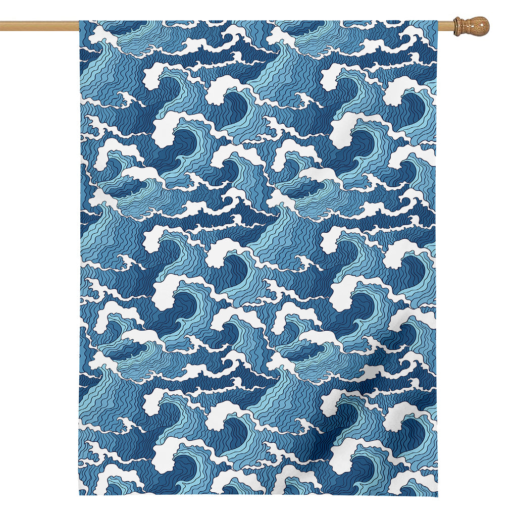 Blue Japanese Wave Pattern Print House Flag