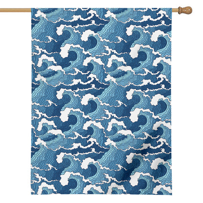 Blue Japanese Wave Pattern Print House Flag
