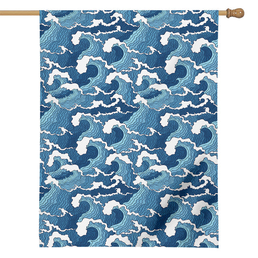 Blue Japanese Wave Pattern Print House Flag