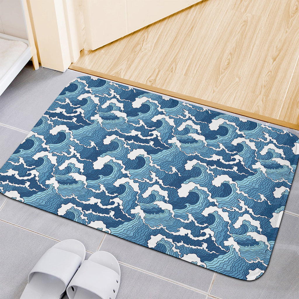 Blue Japanese Wave Pattern Print Indoor Door Mat