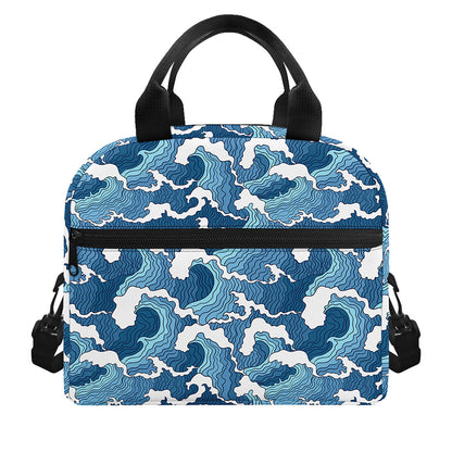 Blue Japanese Wave Pattern Print Insulated Lunch Bag