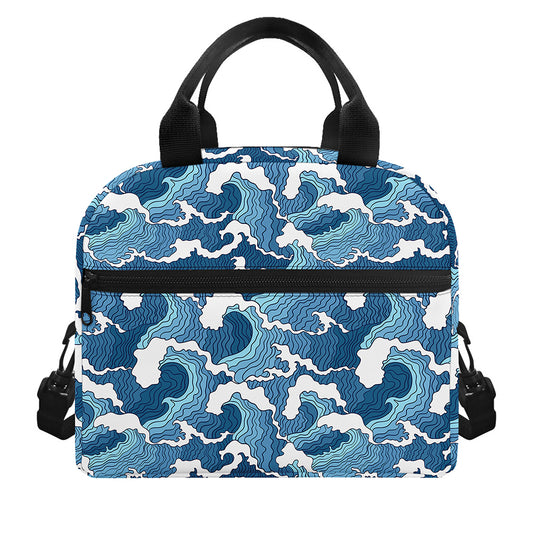 Blue Japanese Wave Pattern Print Insulated Lunch Bag