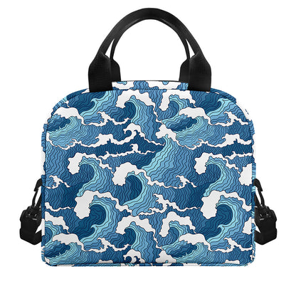Blue Japanese Wave Pattern Print Insulated Lunch Bag
