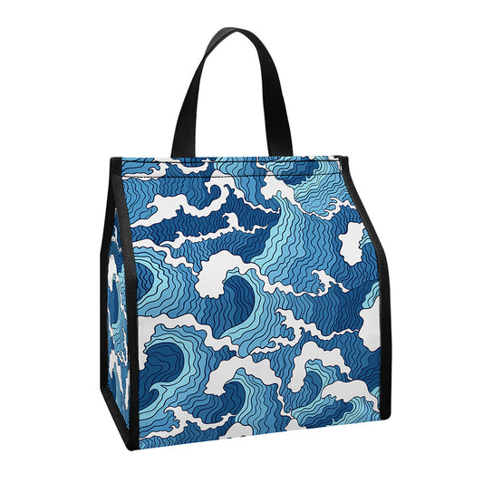 Blue Japanese Wave Pattern Print Insulated Lunch Tote