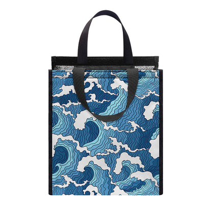 Blue Japanese Wave Pattern Print Insulated Lunch Tote