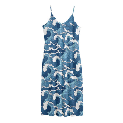 Blue Japanese Wave Pattern Print Jersey Midi Cami Dress