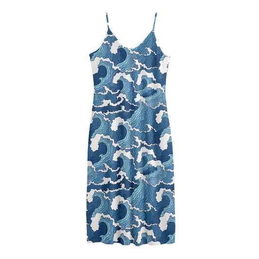 Blue Japanese Wave Pattern Print Jersey Midi Cami Dress