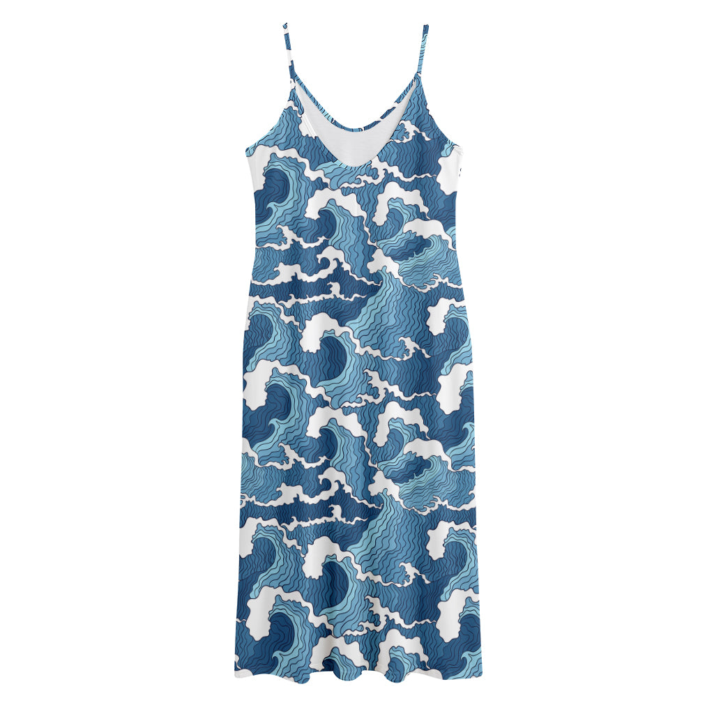 Blue Japanese Wave Pattern Print Jersey Midi Cami Dress