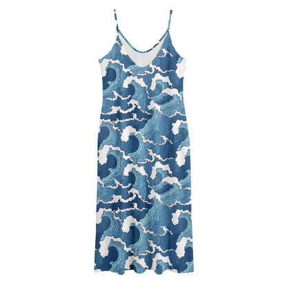 Blue Japanese Wave Pattern Print Jersey Midi Cami Dress