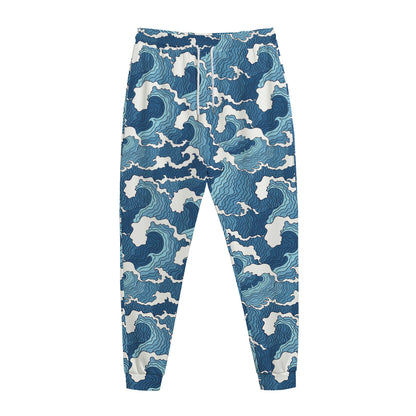 Blue Japanese Wave Pattern Print Jogger Pants
