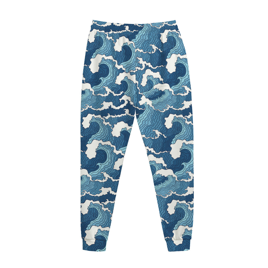 Blue Japanese Wave Pattern Print Jogger Pants
