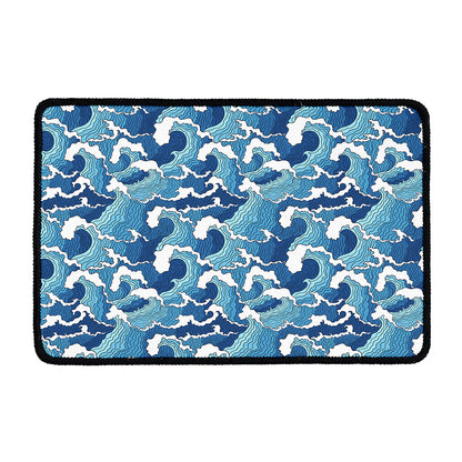 Blue Japanese Wave Pattern Print Kitchen Mat