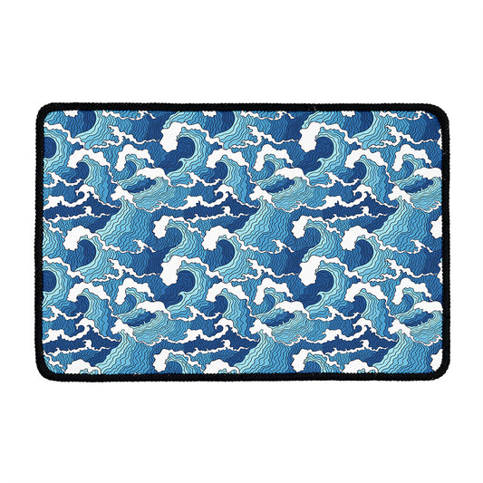 Blue Japanese Wave Pattern Print Kitchen Mat