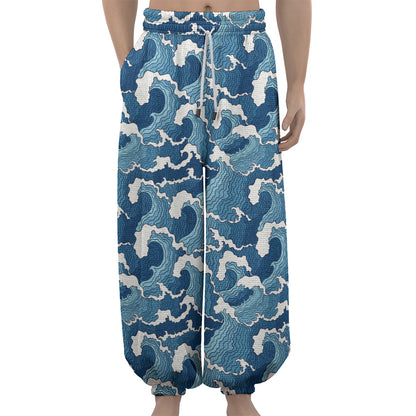 Blue Japanese Wave Pattern Print Lantern Pants