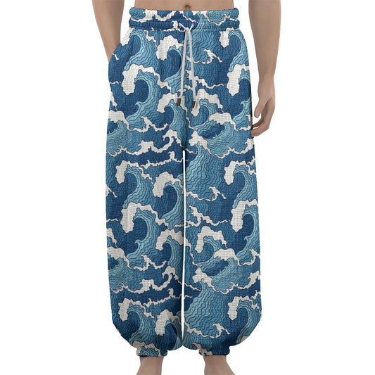 Blue Japanese Wave Pattern Print Lantern Pants