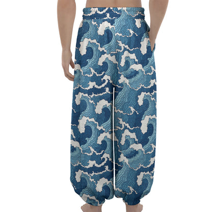 Blue Japanese Wave Pattern Print Lantern Pants