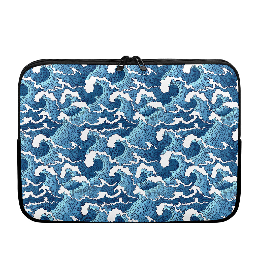 Blue Japanese Wave Pattern Print Laptop Sleeve