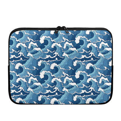 Blue Japanese Wave Pattern Print Laptop Sleeve