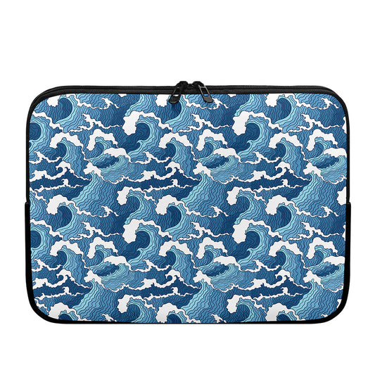 Blue Japanese Wave Pattern Print Laptop Sleeve