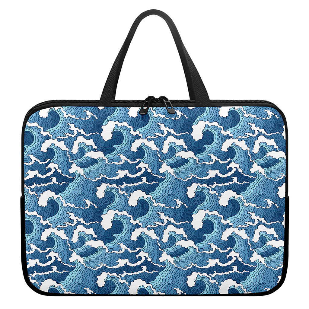Blue Japanese Wave Pattern Print Laptop Sleeve With Handle