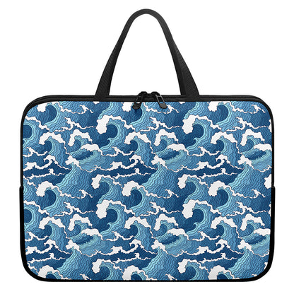Blue Japanese Wave Pattern Print Laptop Sleeve With Handle