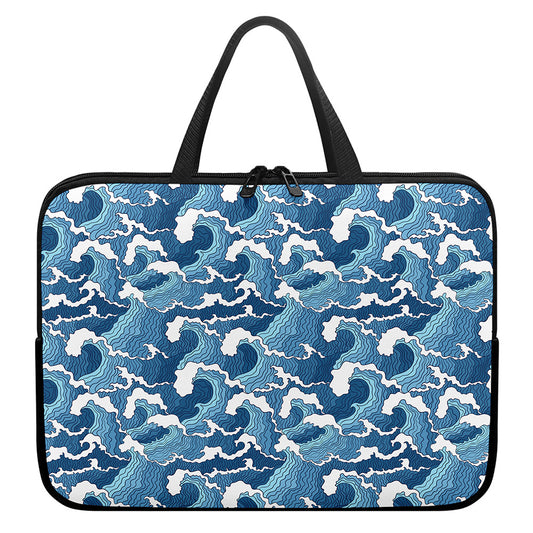 Blue Japanese Wave Pattern Print Laptop Sleeve With Handle