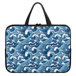 Blue Japanese Wave Pattern Print Laptop Sleeve With Handle