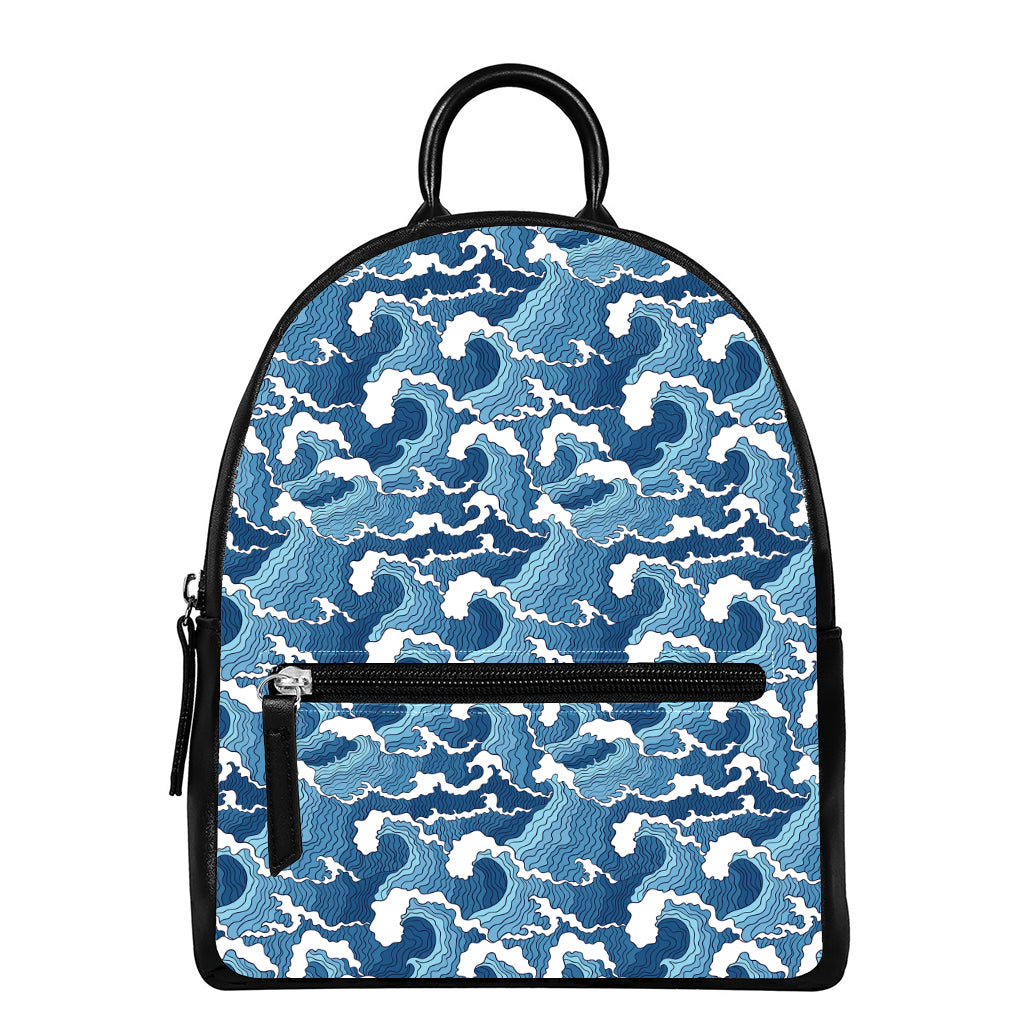 Blue Japanese Wave Pattern Print Leather Backpack