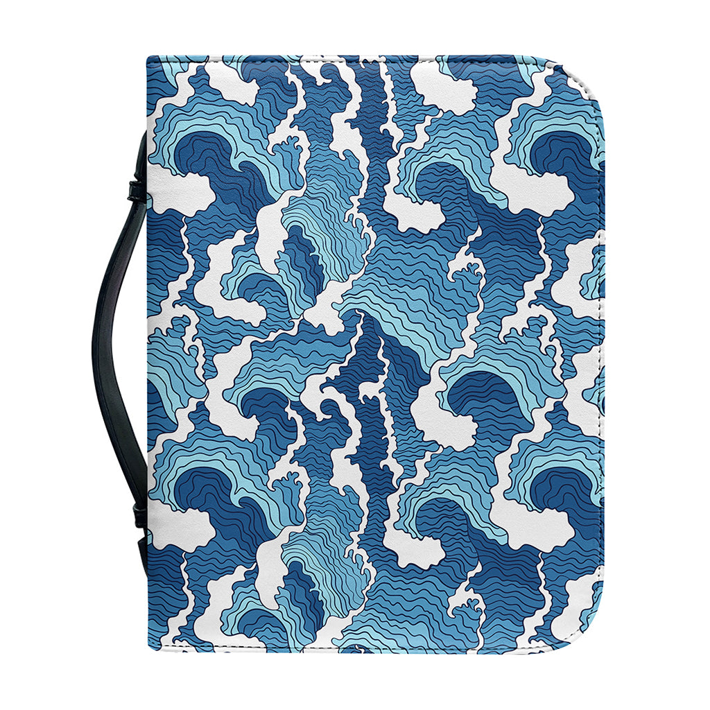 Blue Japanese Wave Pattern Print Leather Bible Cover
