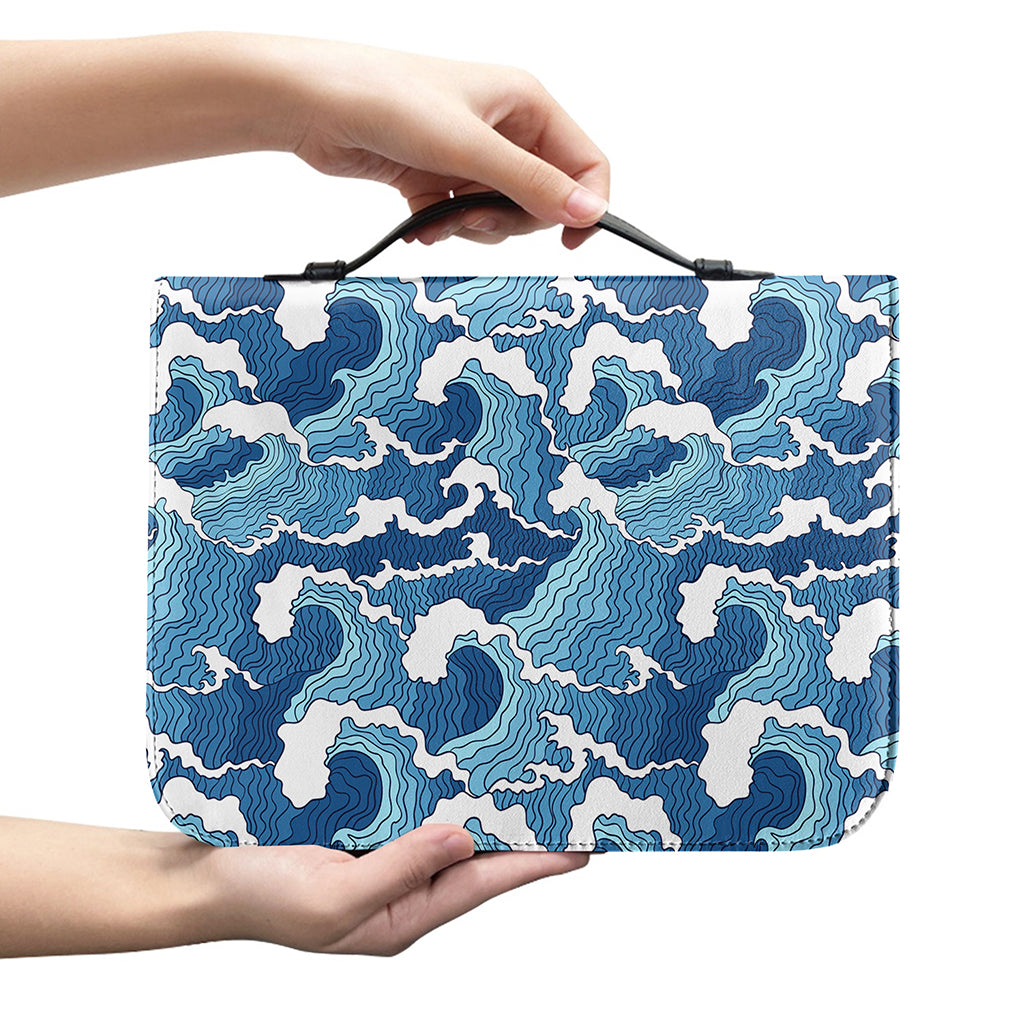 Blue Japanese Wave Pattern Print Leather Bible Cover