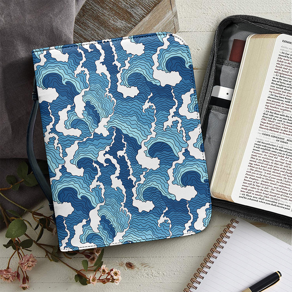 Blue Japanese Wave Pattern Print Leather Bible Cover