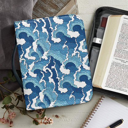 Blue Japanese Wave Pattern Print Leather Bible Cover