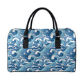 Blue Japanese Wave Pattern Print Leather Duffel Bag