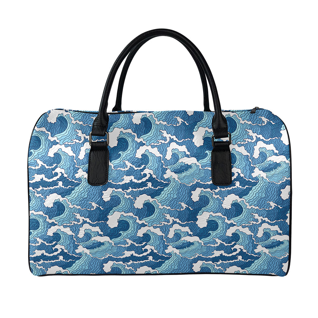 Blue Japanese Wave Pattern Print Leather Duffle Bag