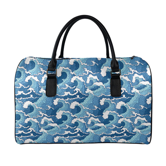 Blue Japanese Wave Pattern Print Leather Duffle Bag