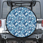 Blue Japanese Wave Pattern Print Leather Spare Tire Cover