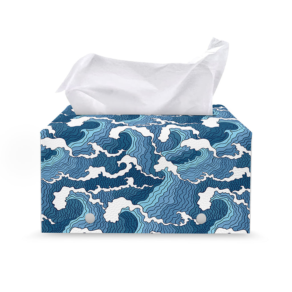 Blue Japanese Wave Pattern Print Leather Tissue Box Cover