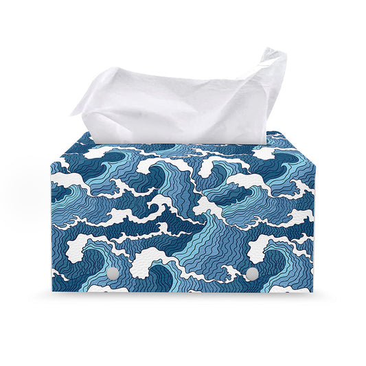 Blue Japanese Wave Pattern Print Leather Tissue Box Cover